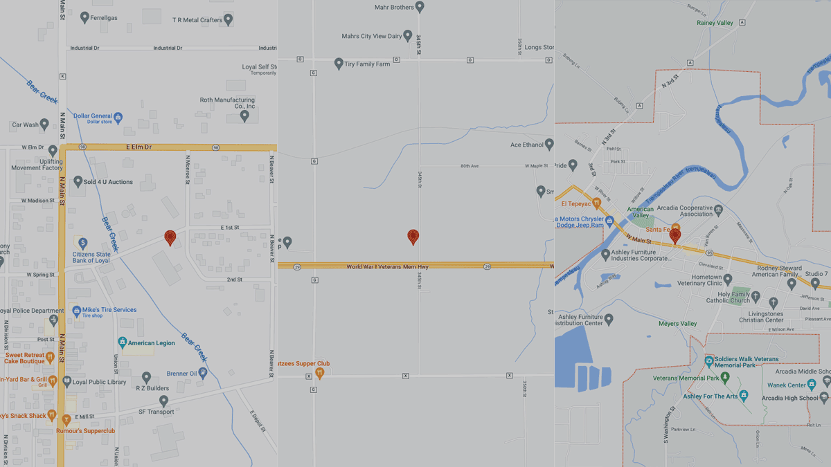 Wisconsin locations include Arcadia, Stanley and Loyal.